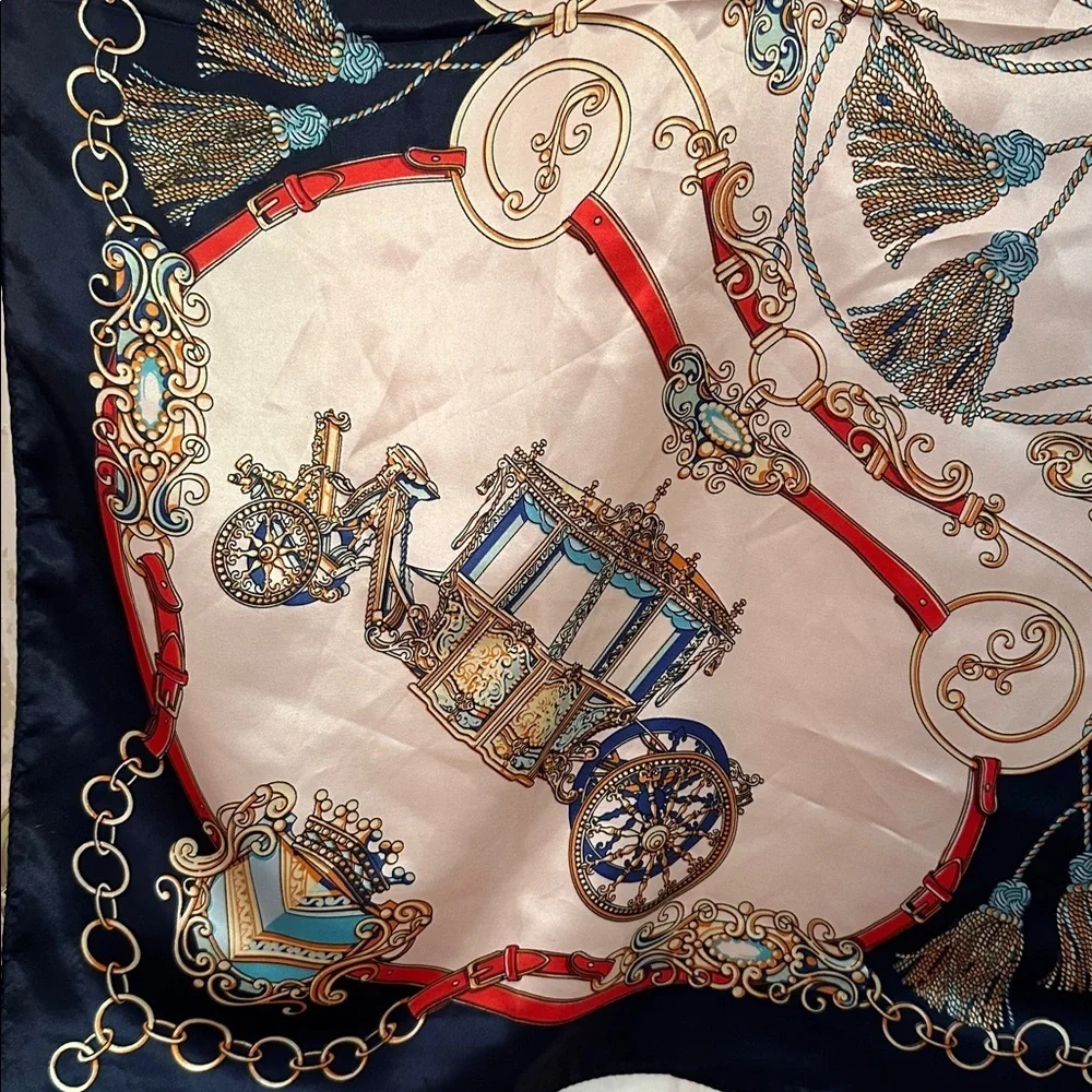 Elegant Navy & Pink Polyester Scarf with Intricate Carriage Design 35.5”